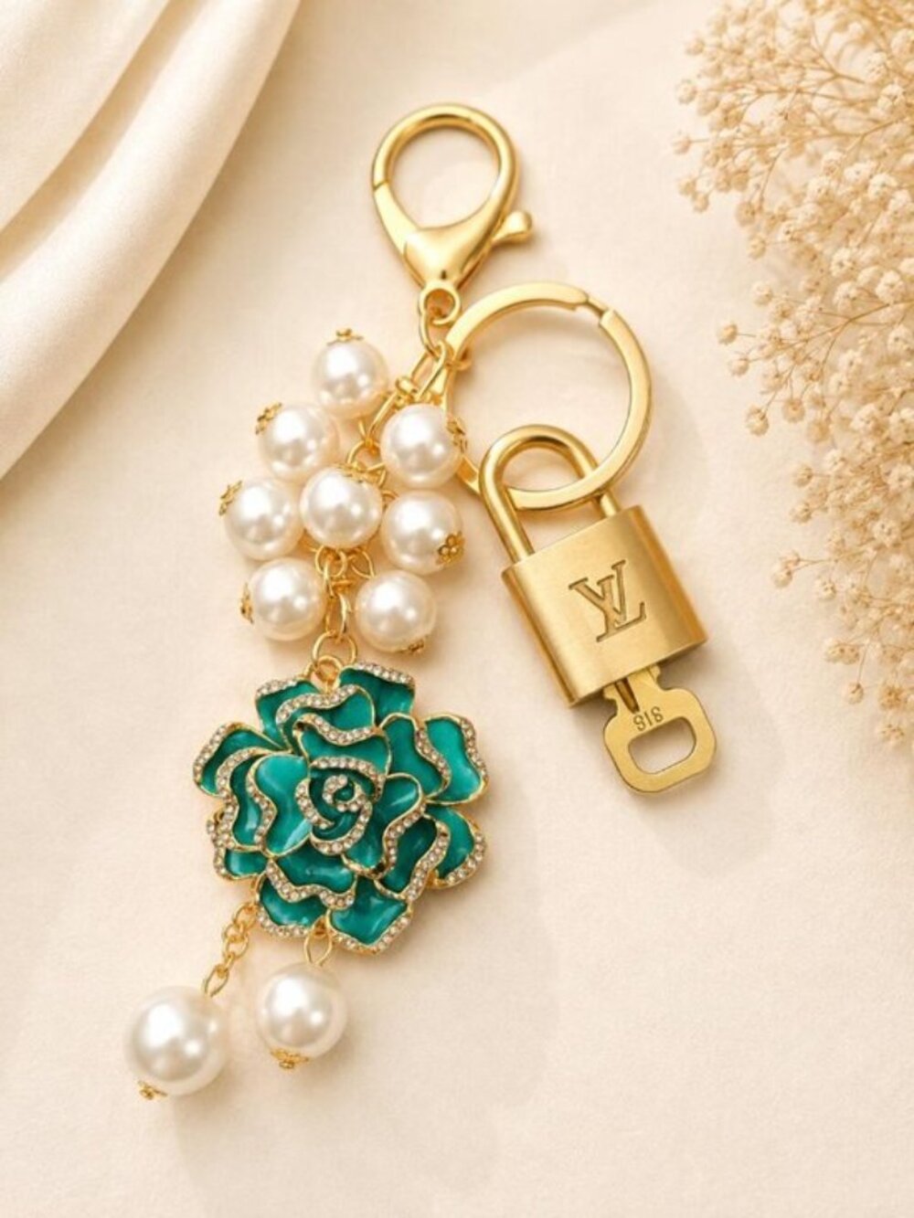 Authentic Louis Vuitton Gold Lock & Key ✨ Unbranded Flower Bag Charm Keychain